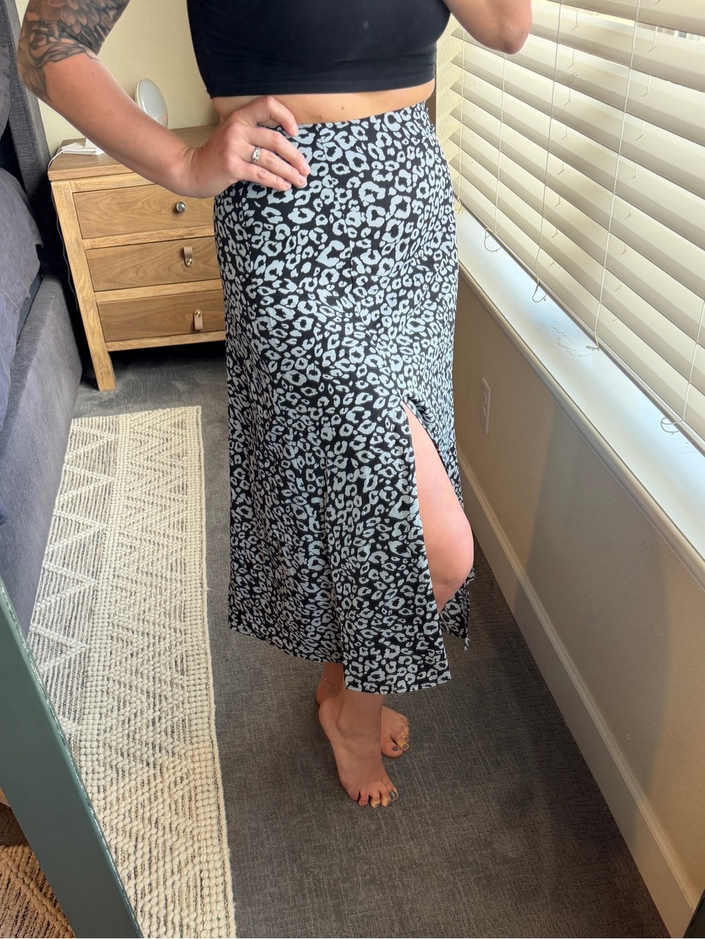 Midi Skirt with Side Slit in Black and Light Gray Leopard Print
